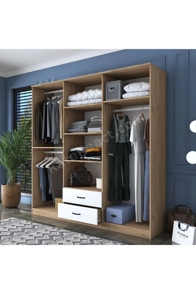 Rani Ba111 Geniş Gardırop Elbise Dolabı 6 Kapaklı 2 Çekmeceli 5 Raflı 3 Askılı Sepet Ceviz - Beyaz